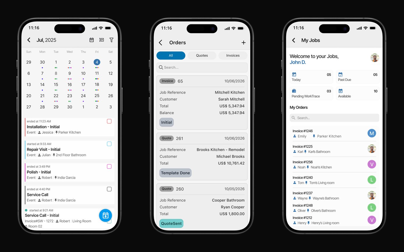 SlabWare app on three phones: the job calendar, Orders with quotes and invoices, and My Jobs